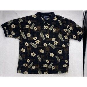 Vtg BIG DOGS Polo Shirt 3XL Black Tropical Hawaiian Hibiscus AOP Golf DadCore